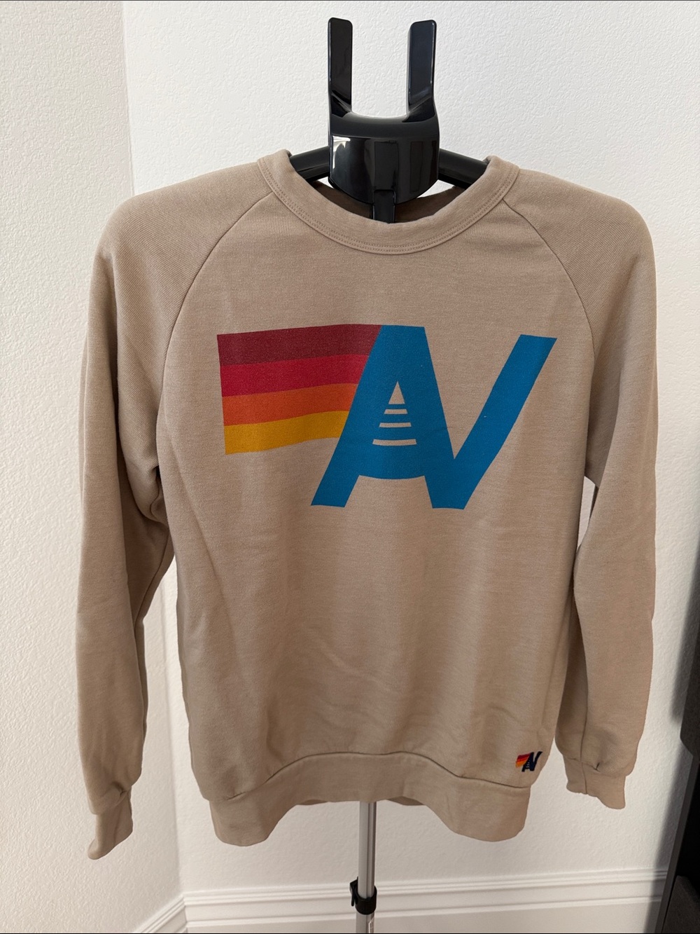 Aviator Nation Beige Crewneck Sweater with Multicolor Logo